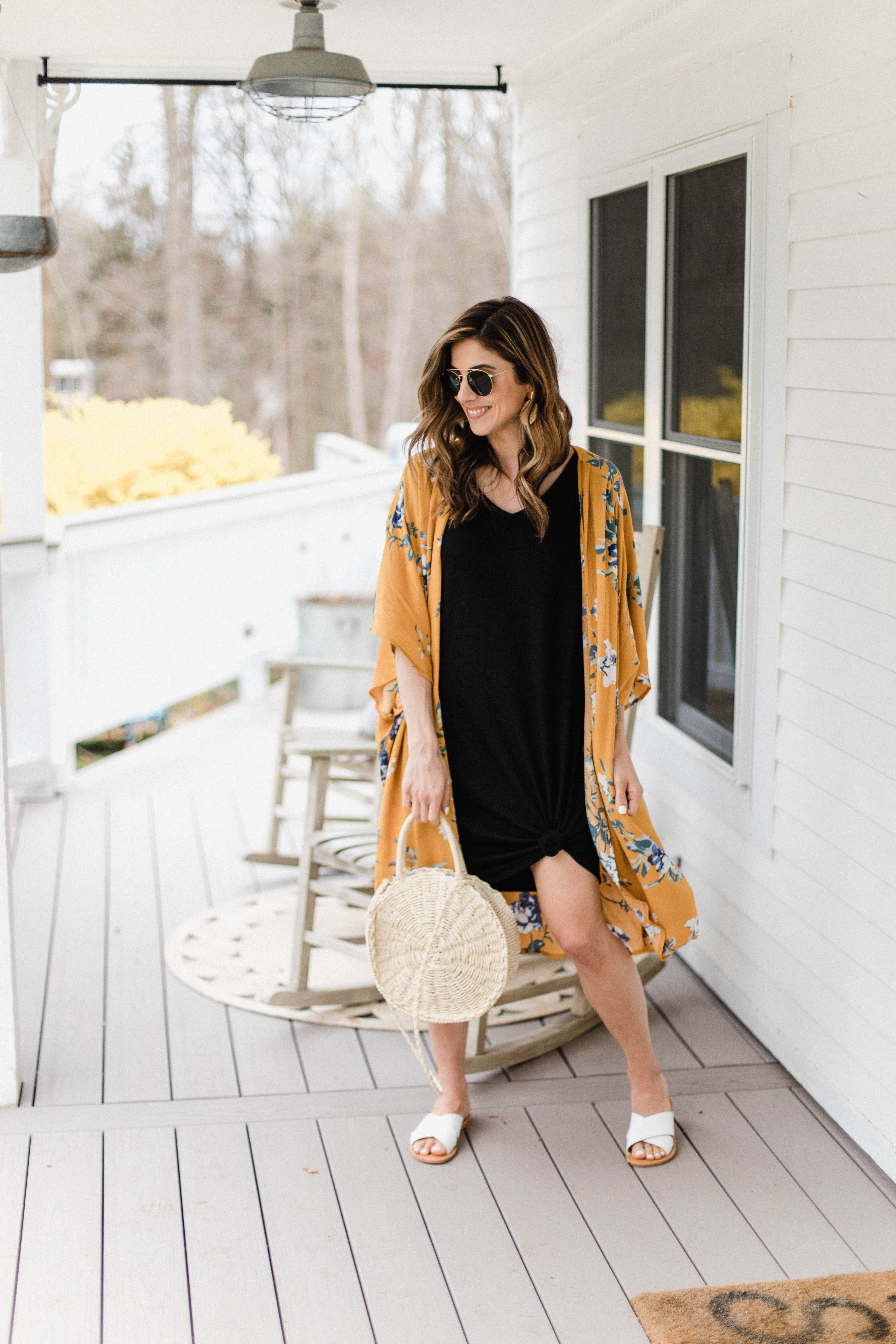 Connecticut life and style blogger Lauren McBride shares an easy spring outfit idea featuring a t-shirt dress worn with a kimono.