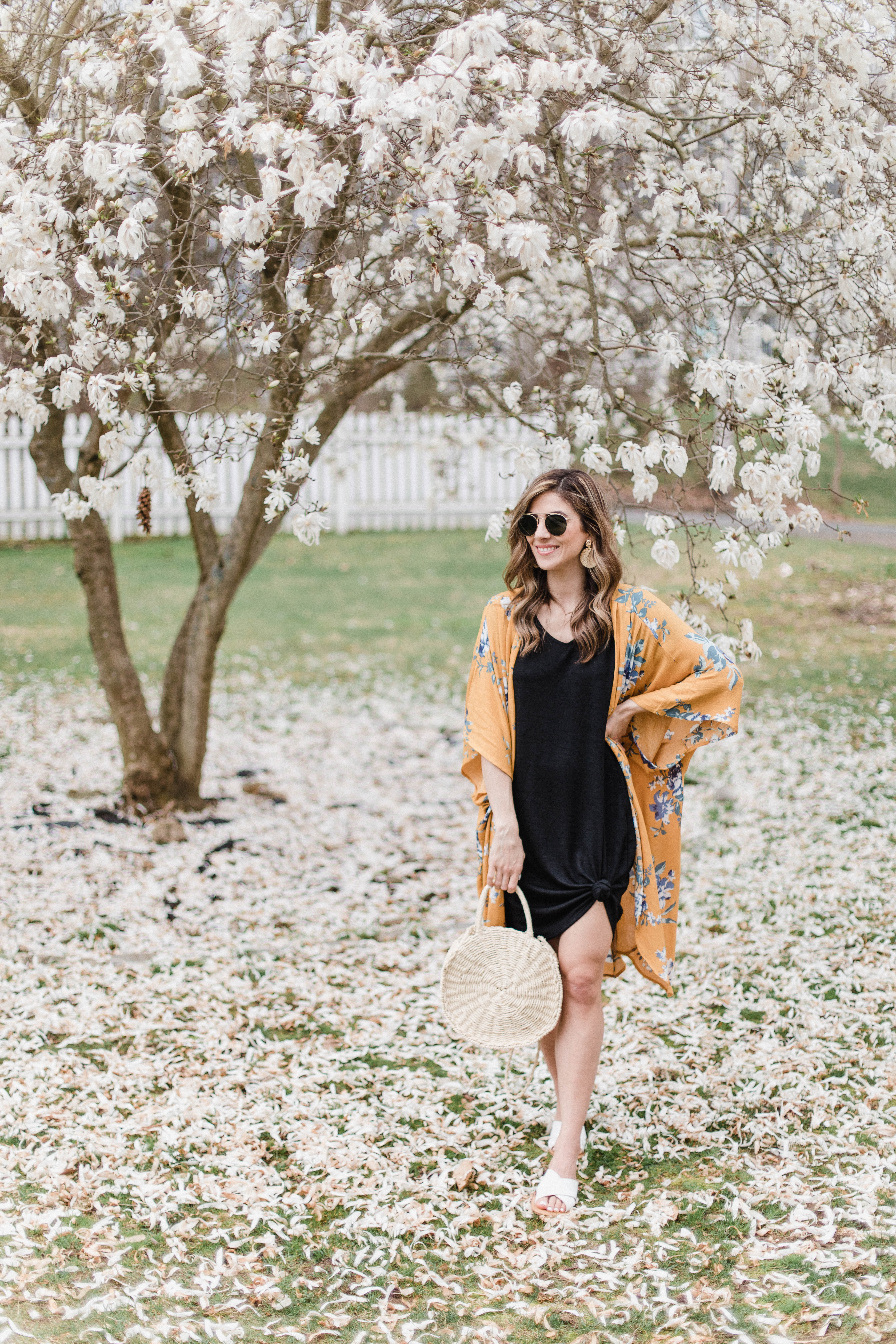 Connecticut life and style blogger Lauren McBride shares an easy spring outfit idea featuring a t-shirt dress worn with a kimono.