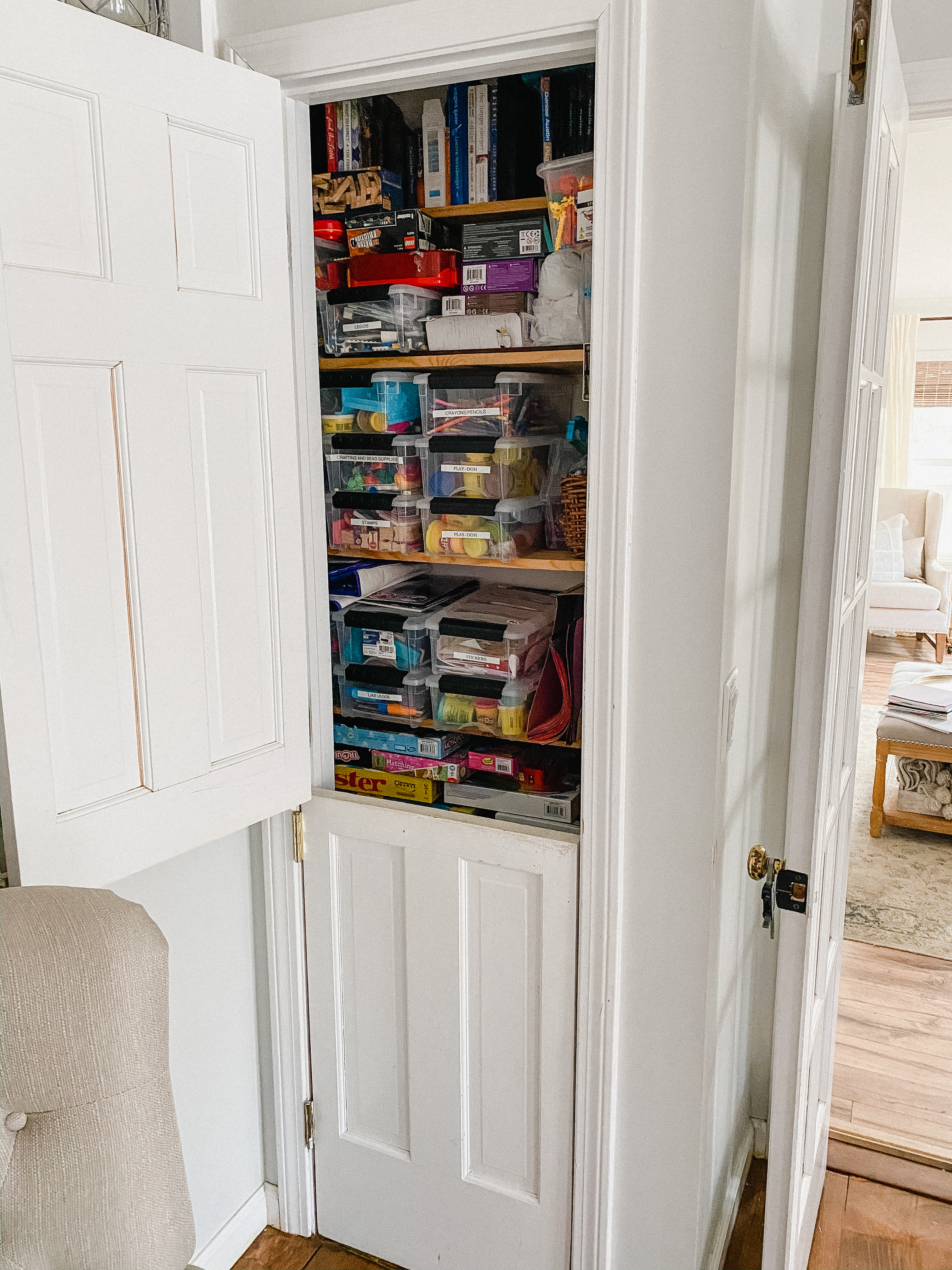 Connecticut life and style blogger Lauren McBride shares her kids' craft closet organization and a peek into how she keeps the space functional.