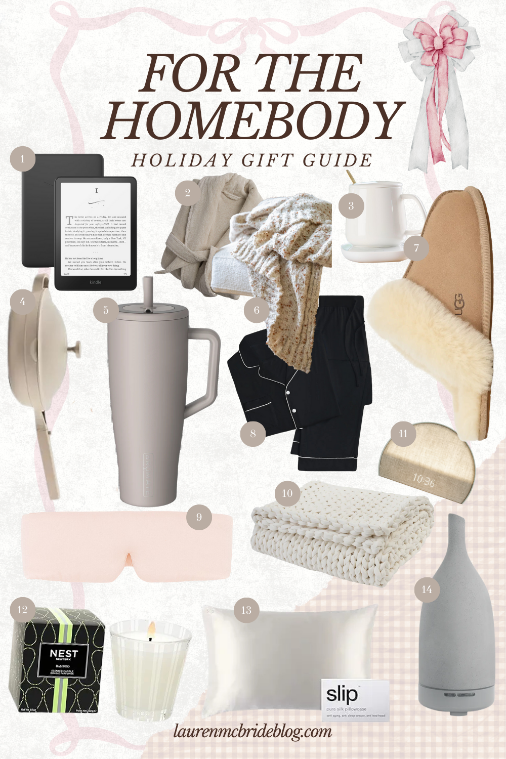 Holiday gift guide for homebodies featuring cozy gifts like a Kindle, robe, knit throw blanket, ceramic mug, Stanley tumbler, pajama set, UGG slippers, weighted blanket, silk pillowcase, candles, and an essential oil diffuser.