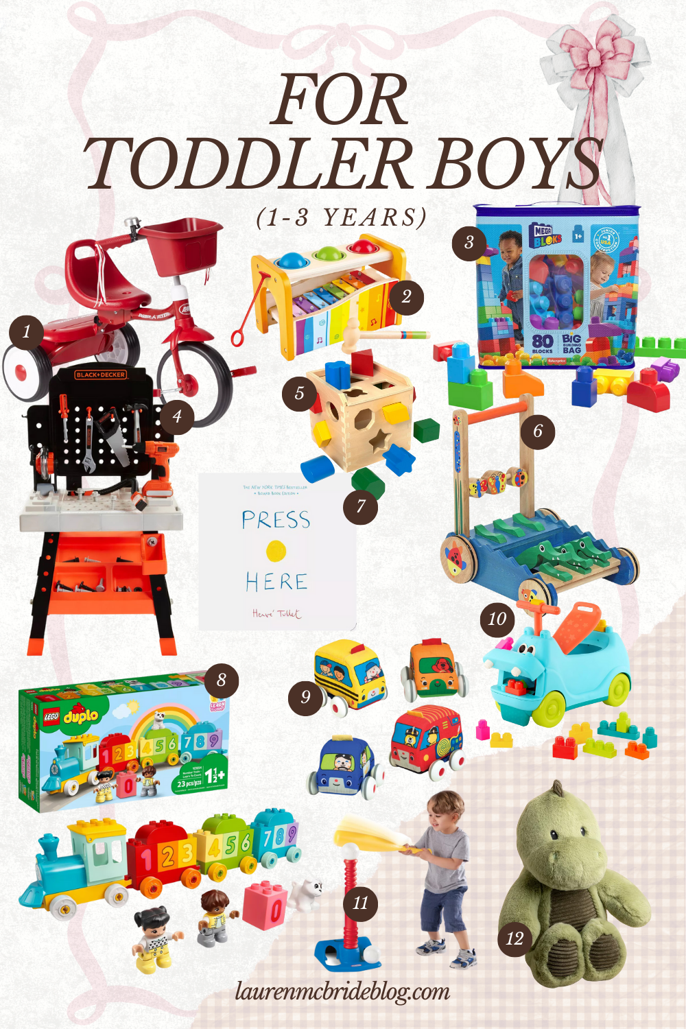 Gift guide for toddler boys ages 1–3 featuring educational toys, building sets, ride-on toys, and activity playsets.