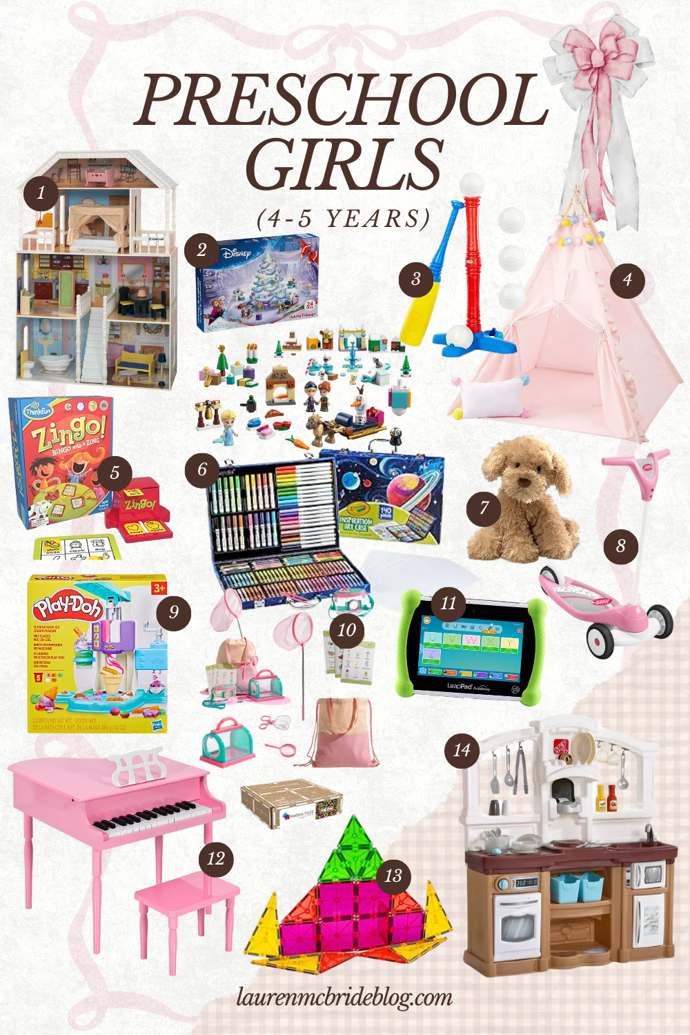 Gift guide for preschool girls ages 4–5 featuring dollhouses, scooters, art kits, STEM toys, and imaginative play sets.