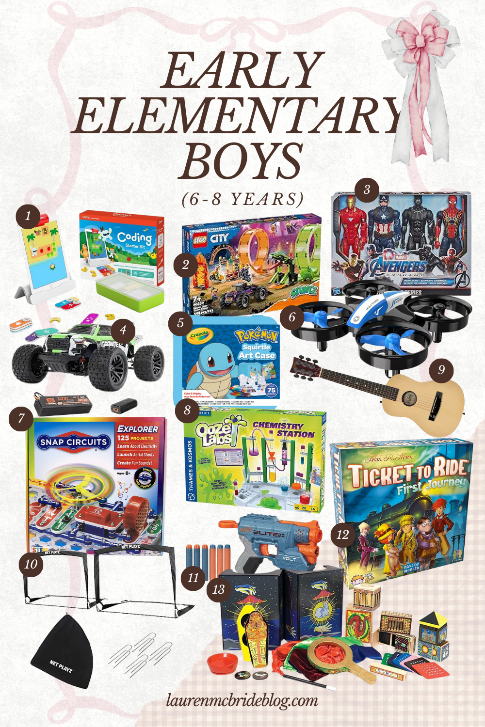 Gift guide for early elementary boys ages 6–8 featuring STEM kits, LEGO sets, RC toys, art kits, games, and outdoor activities.