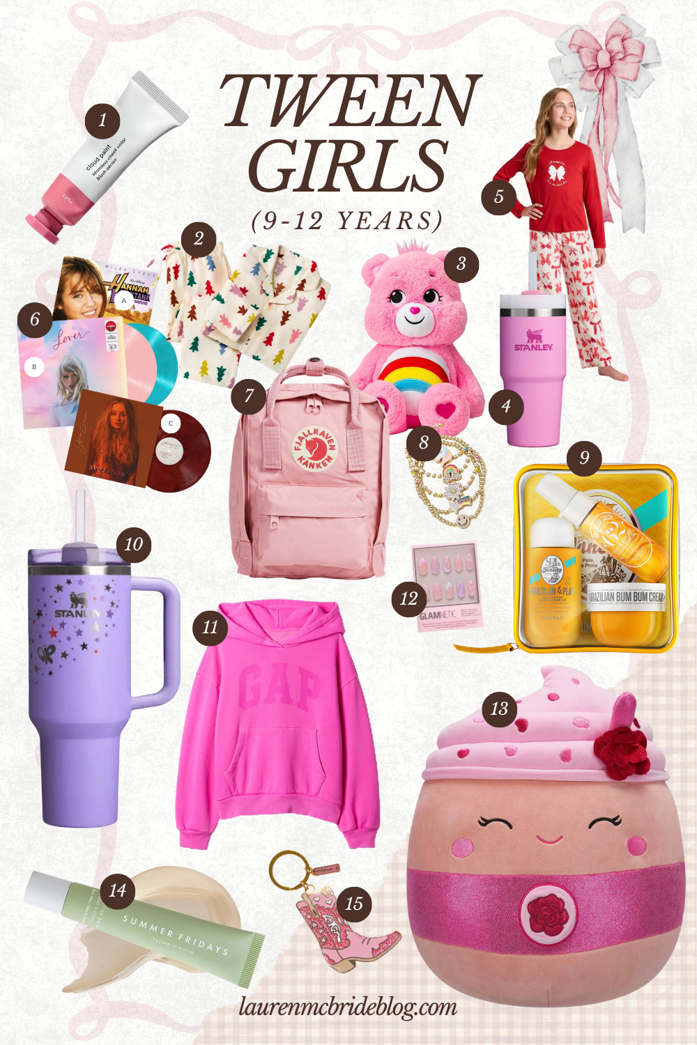 Gift guide for tween girls ages 9–12 featuring beauty gifts, pajamas, plush toys, trendy accessories, and fun lifestyle items.
