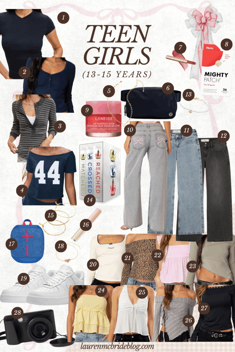 Gift guide for teen girls ages 13–15 featuring trendy tops, skincare, accessories, speakers, jeans, jewelry, and beauty essentials.