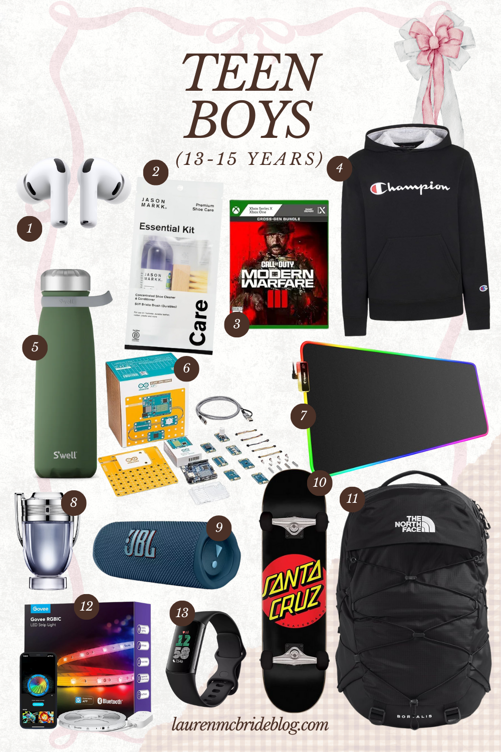 Gift guide for teen boys ages 13–15 featuring tech gadgets, gaming accessories, hoodies, skateboards, speakers, and LED room decor.