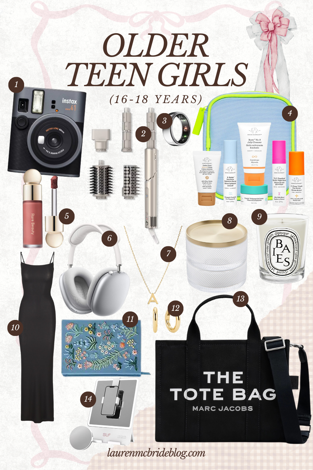 Gift guide for older teen girls ages 16–18 featuring beauty essentials, trendy accessories, tech gifts, jewelry, bags, and self-care items.